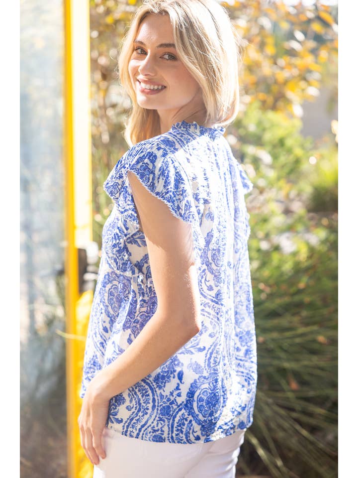 Blue 35224 Pleated Sleeve Paisley Print Button Up Top for wholesale on Faire