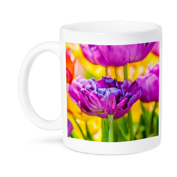 3dRose – wholesale Coffee mug – 3dRose, Tulips Enchanting - Violet parrot flower, multi-colored backdrop, Mug8