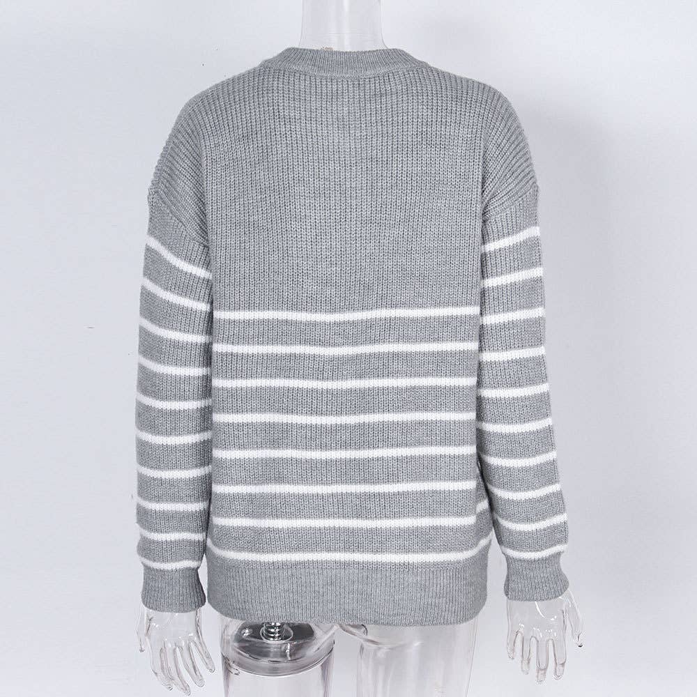 HIDDENBRAND - Wholesale Knit Sweater - Women's - High-Necked Striped Color-Blocked Zip-Up Sweater1