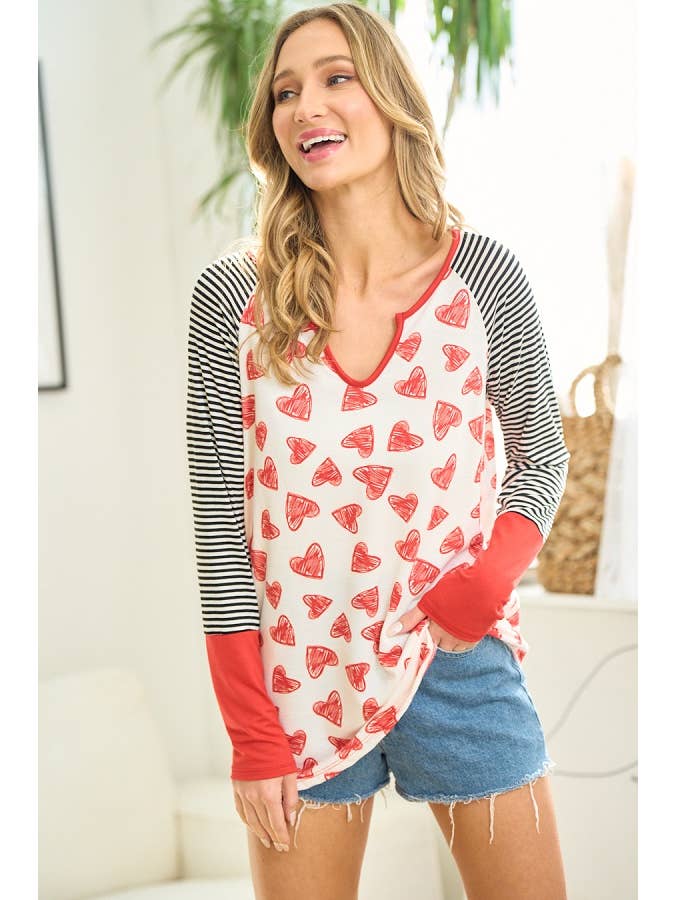 RED BLACK IVORY MST3827-Heart and Stripes top for wholesale on Faire2