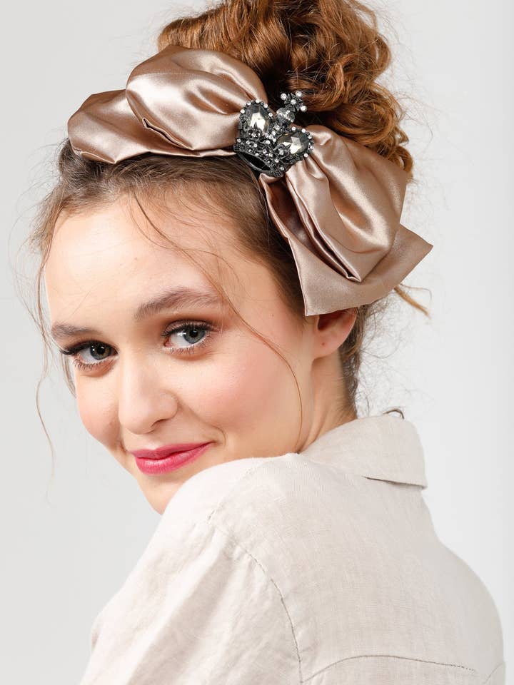 Satin Bow headband with Vintage crown . Antique Coffee for wholesale by Miss Rose Sister Violet Australia