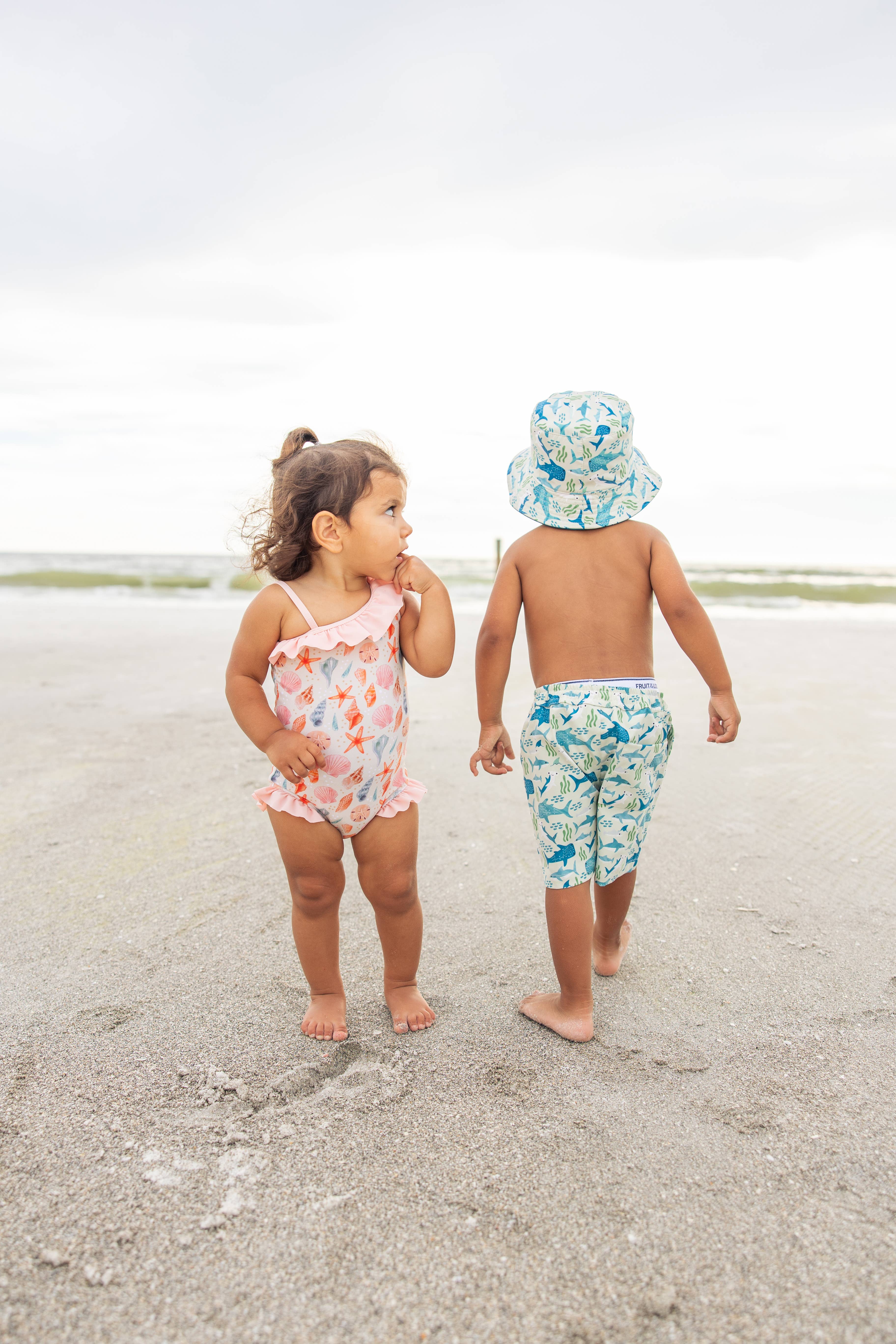 Beige Multi Sandy Seashells Beachy Girls Swimsuit One Piece Bathing Suit for wholesale on Faire2