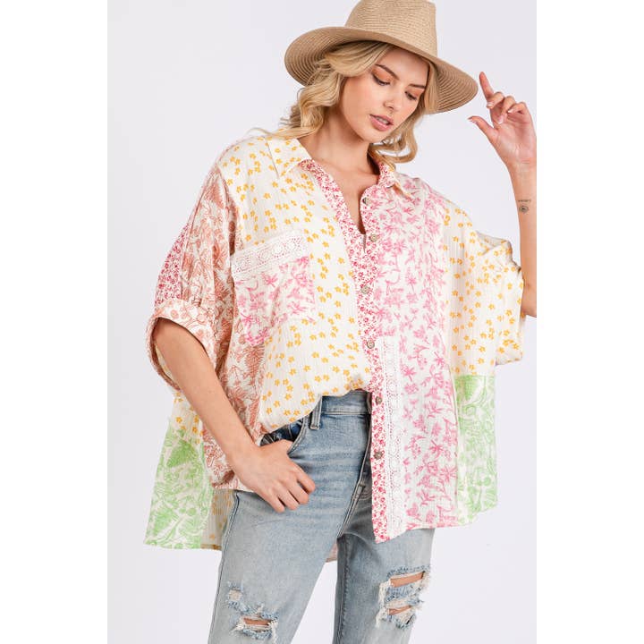 PINK MIX PATCHWORK FLORAL OVERSIZED SHIRT (ST7687) for wholesale on Faire