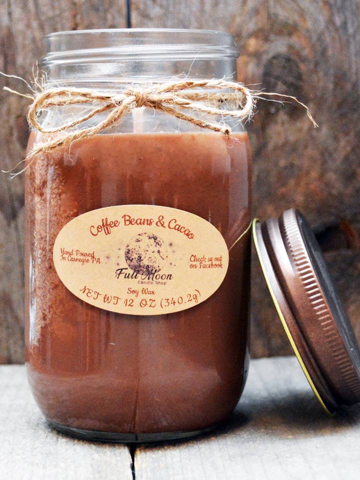 Bougie en pot Mason Coffee Beans & Cacao 12 oz pour la vente par Full Moon Candle Shop