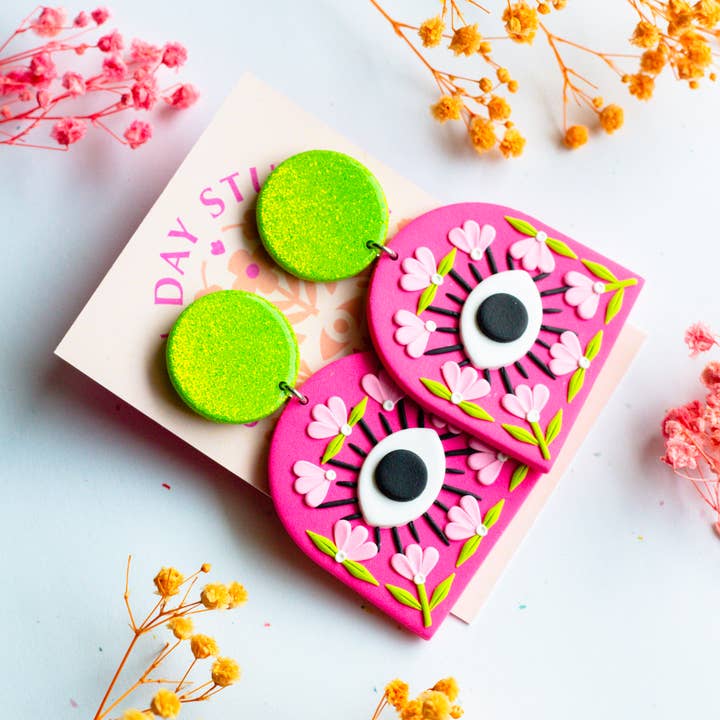 Slow Day Studios – wholesale Dangle earrings – Hot Pink Evil Eye Polymer Clay Statement Glitter Dangle