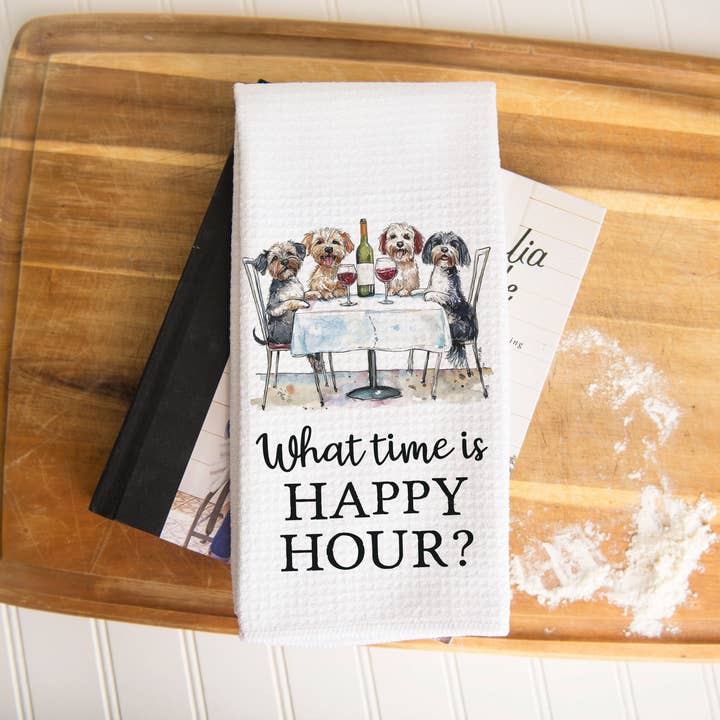 Canary Road - Wholesale Tea Towel - Happy Hour Wine Dog Kitchen Towel, Funny Pet Gift Dish Towel1