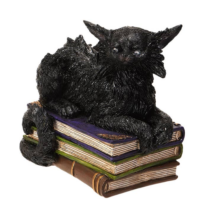 Pacific Trading - Venta al por mayor Figura decorativa - Gato Negro Místico Malvado sobre Libros con Ojos LED