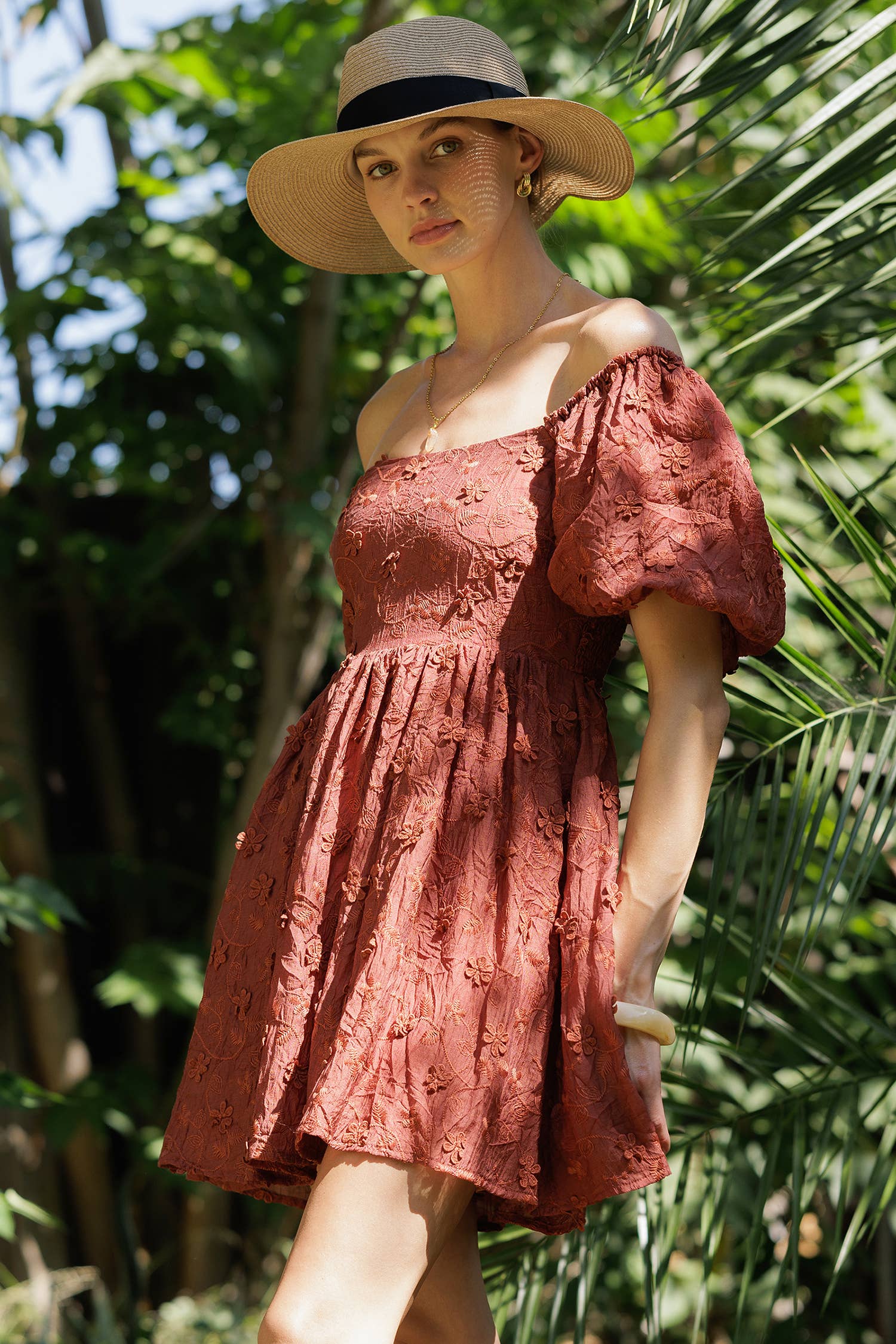 RUST YD5019 Embroidered Puff Sleeve Off-Shoulder Mini Dress for wholesale on Faire9