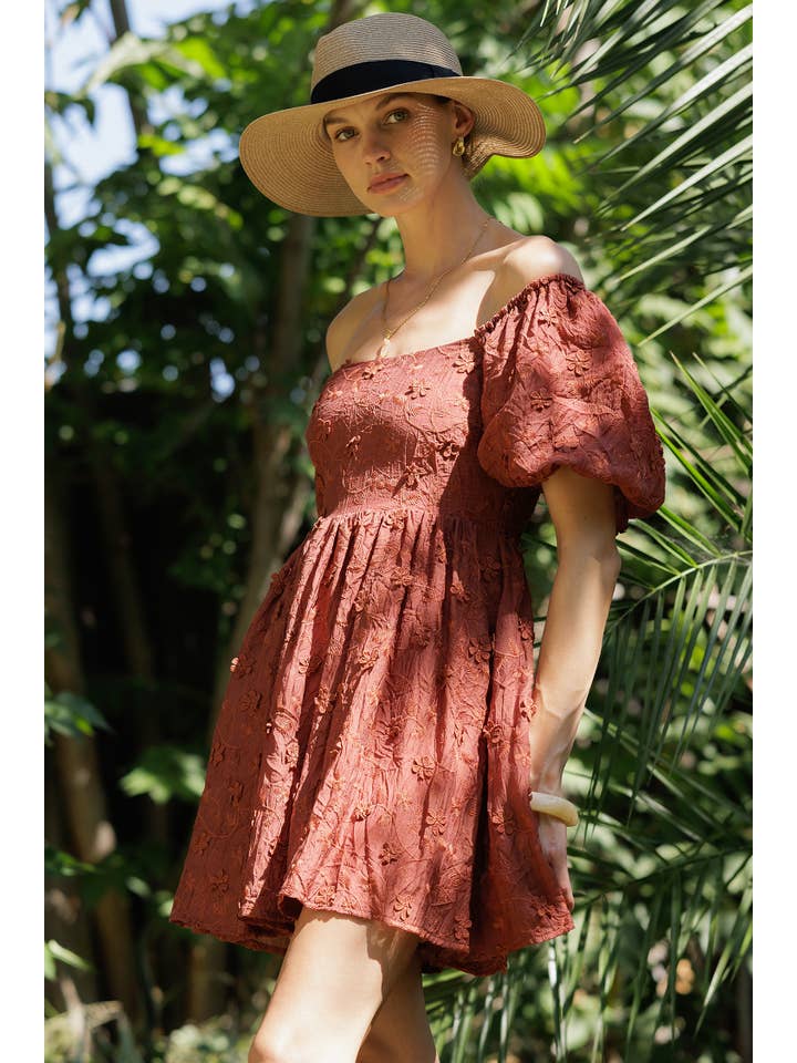 RUST YD5019 Embroidered Puff Sleeve Off-Shoulder Mini Dress for wholesale on Faire9
