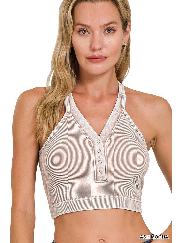 Vanilla Monkey - Wholesale Tank Top - Women's - Washed Ribbed Cropped Button V-neck Tank Top