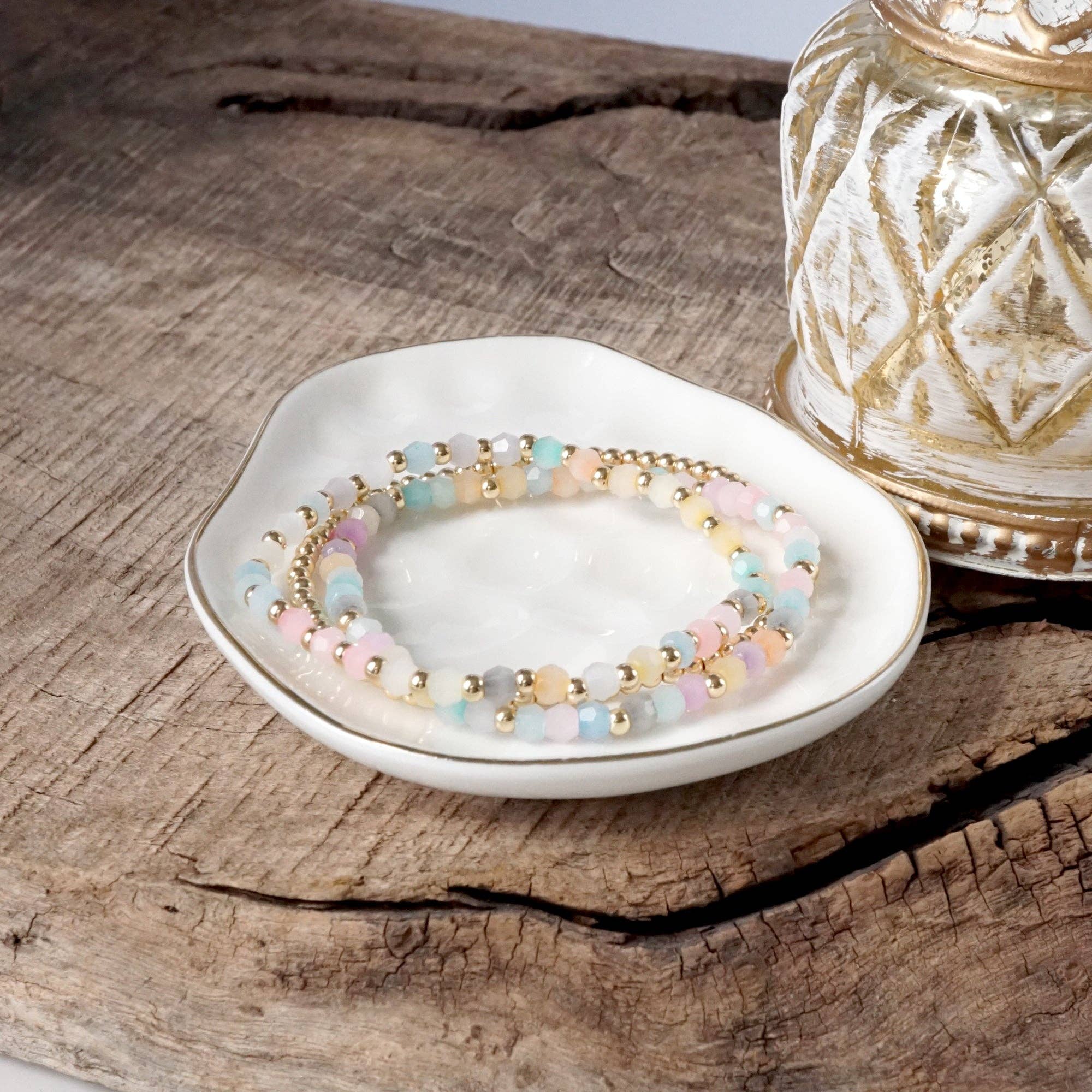 PennyLine inc - Wholesale Beaded Bracelet - Small Gold tone and Glass beads bracelet stack of 3 bracelets - Pink Mint Multi7