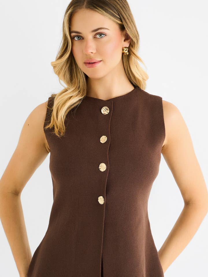 Chocolate Button Front Compact Knit Waistcoat for wholesale by GINI LONDON