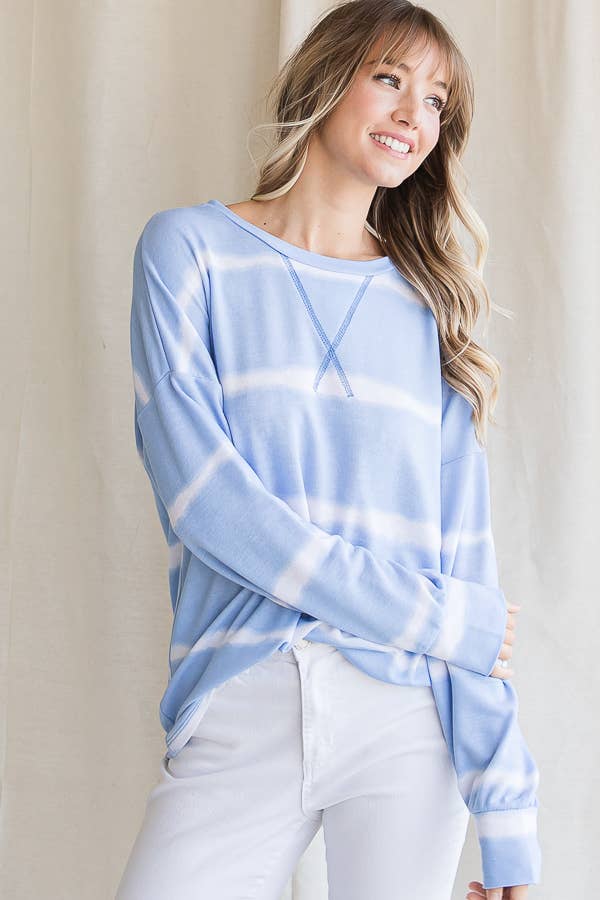 7th Ray – Engroshandel Strikket top - Dame – Stribet Tie Dye V-søm Drop Shoulder Langærmet Top T356512