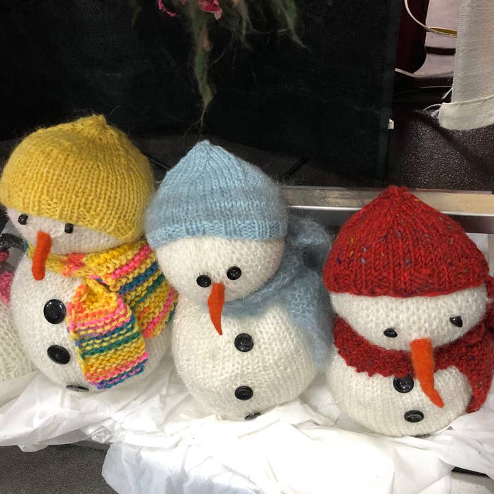 Hand Knit Sparkly Yarn Snowman Christmas Decoration for wholesale by Kreative Knits by Liona Jollota