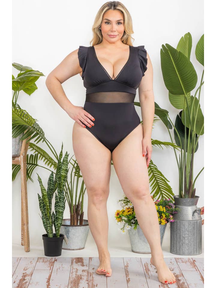 H3042 Black Ruffle One-Piece Swimsuit for wholesale on Faire1
