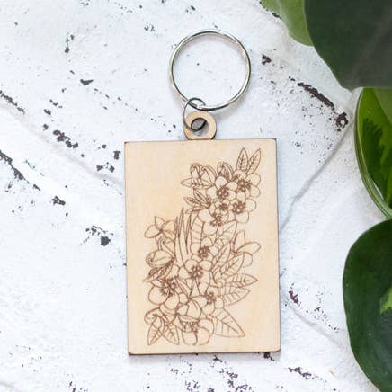 Rectangle Floral Keychain, Wooden Keychain, Flower Key Ring, Plant Lady Gift Idea for wholesale by The McGarvey Workshop