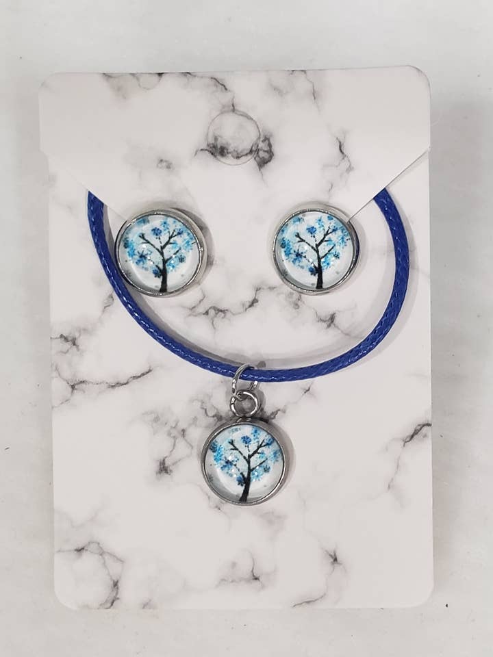 Conjunto Colar e Brincos Árvore da Vida Azul por atacado de emrac boutique