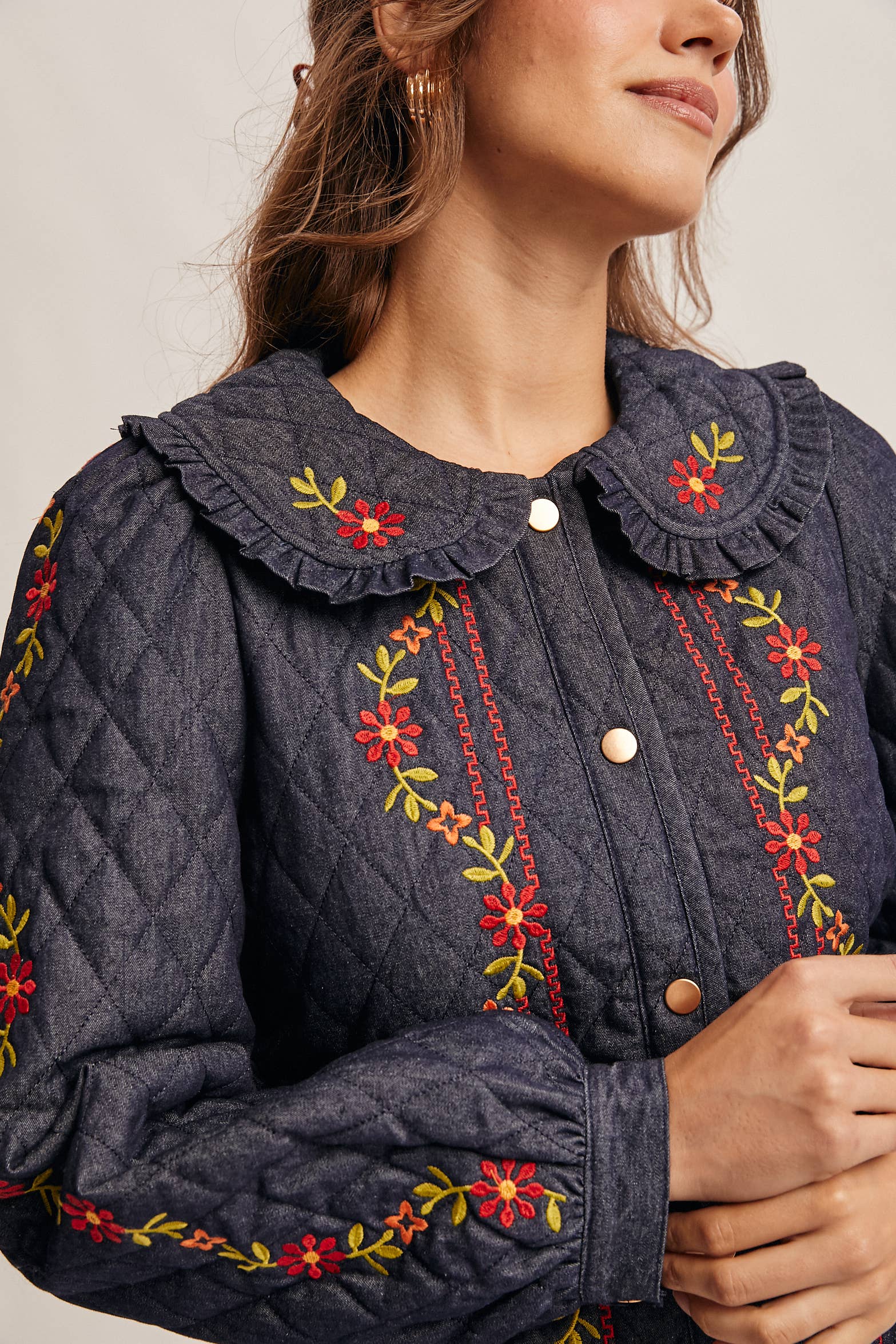 Midnat Indigo Broderet quiltet denimjakke FJ0008 for engroshandel på Faire14