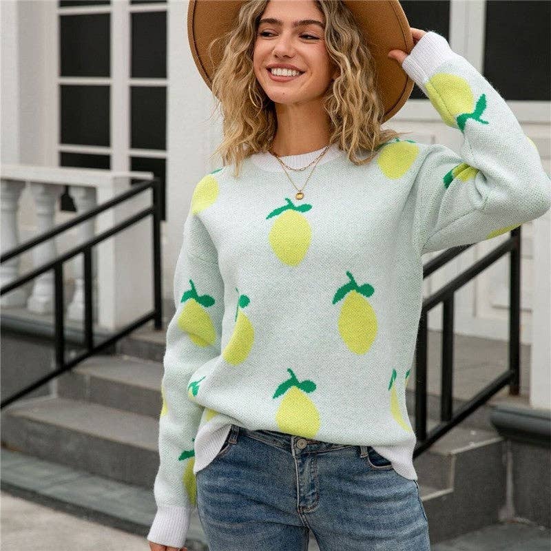 kycozy - Vendita all'ingrosso Maglione tricot - Donna - Maglione Jacquard Limone Vestibilità Ampia Girocollo1