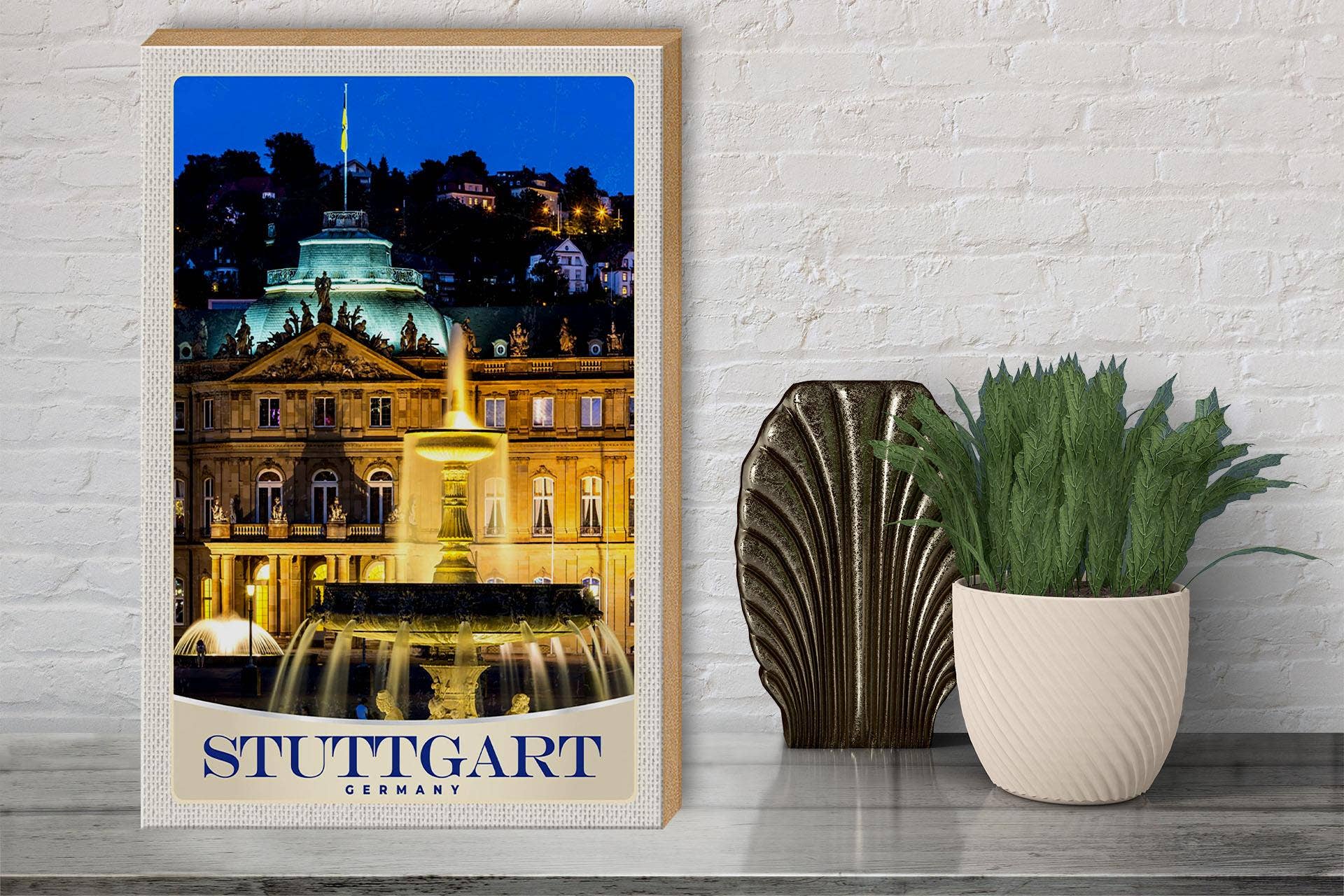 Femer – Engroshandel Skilt – Rejseskilt af træ 30x40cm Stuttgart Tyskland Schloss Abend2