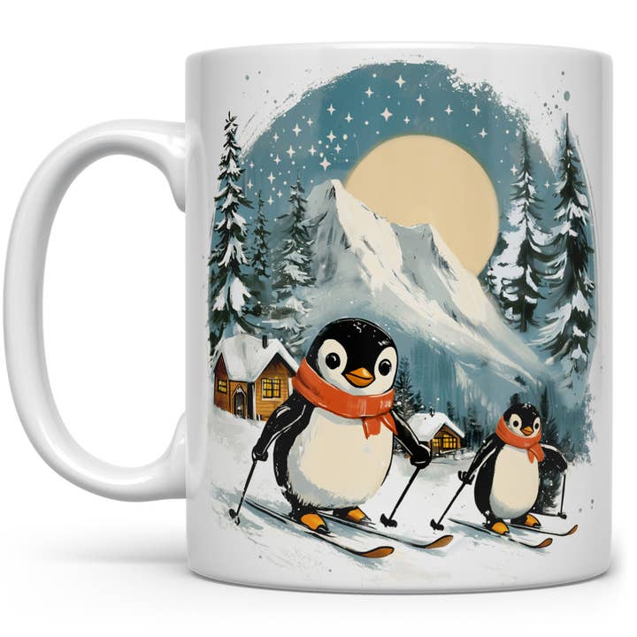 Skiing Penguins Ceramic Mug, Cute Winter Holiday Gifts for wholesale by Loftipop