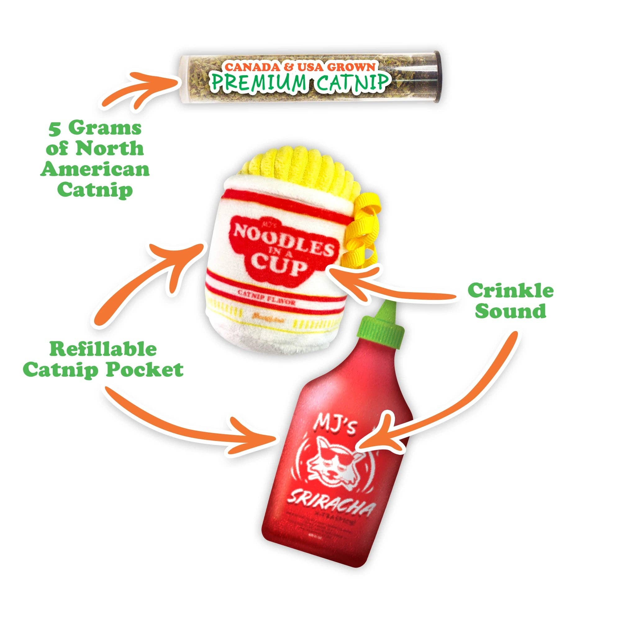 SmarterPaw | Meowijuana & Doggijuana - Wholesale Pet Toy - Cat - Meowijuana® Get Noodly Noodles & Sriracha Catnip Toy 2-Pack1