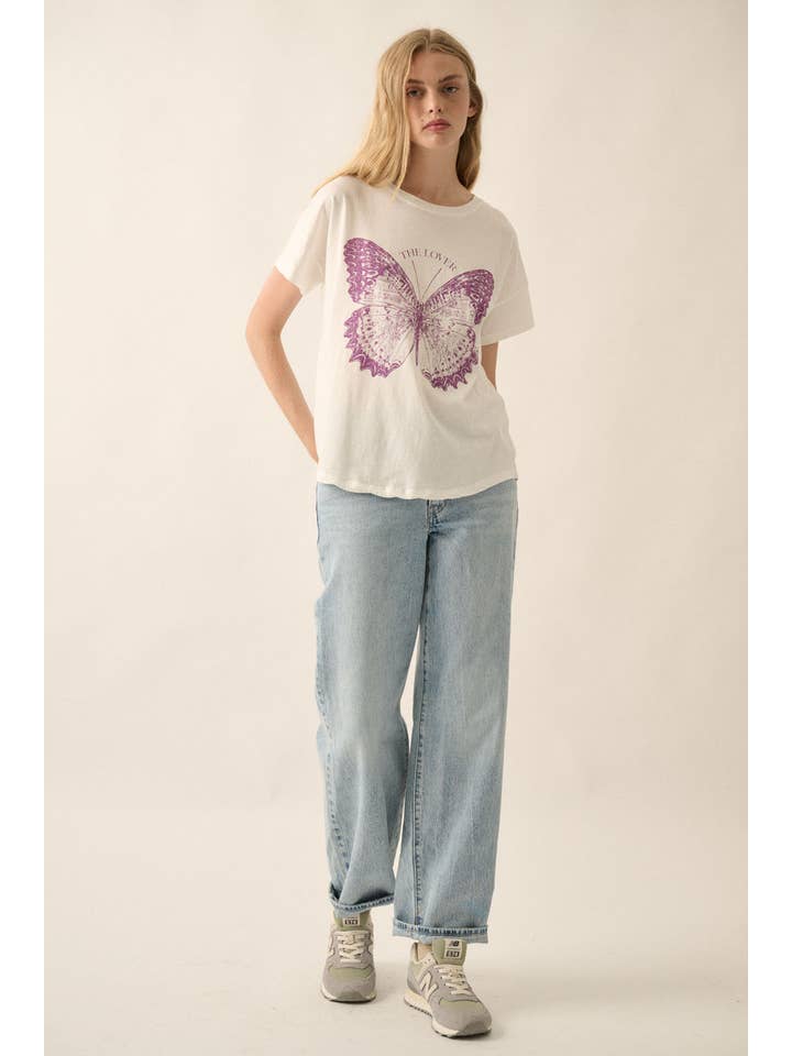 Ivory The Lover Butterfly Round Neck Graphic Tee for wholesale on Faire