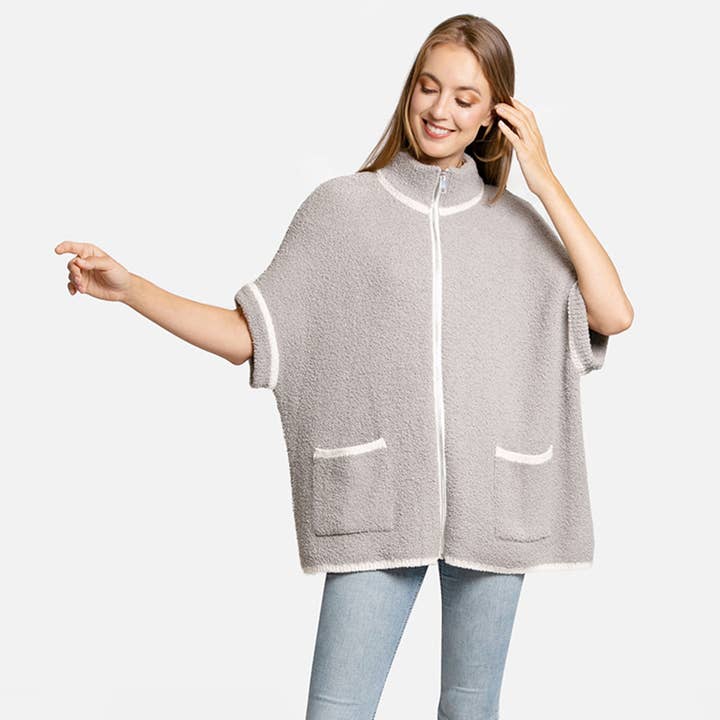 Fashion City - Wholesale Outerwear Poncho - Women's - Solid Zipper Jacket with Outlined Edges1