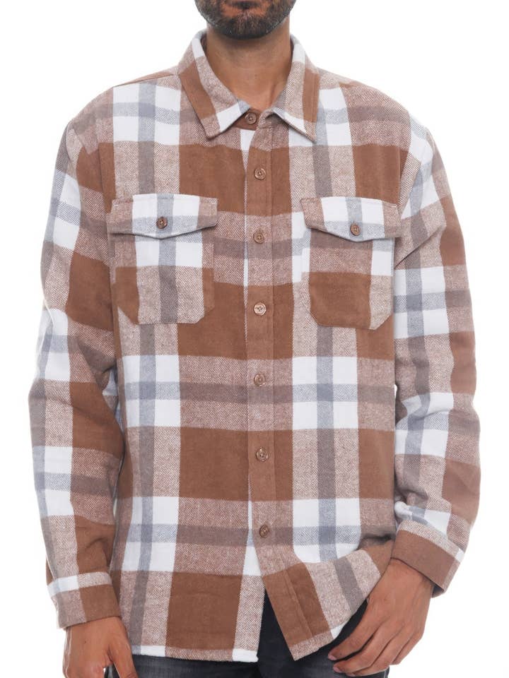 Men's Checkered Soft Flannel Shacket - Mocha/Grey Pattern for wholesale by Bandanas Wholesale