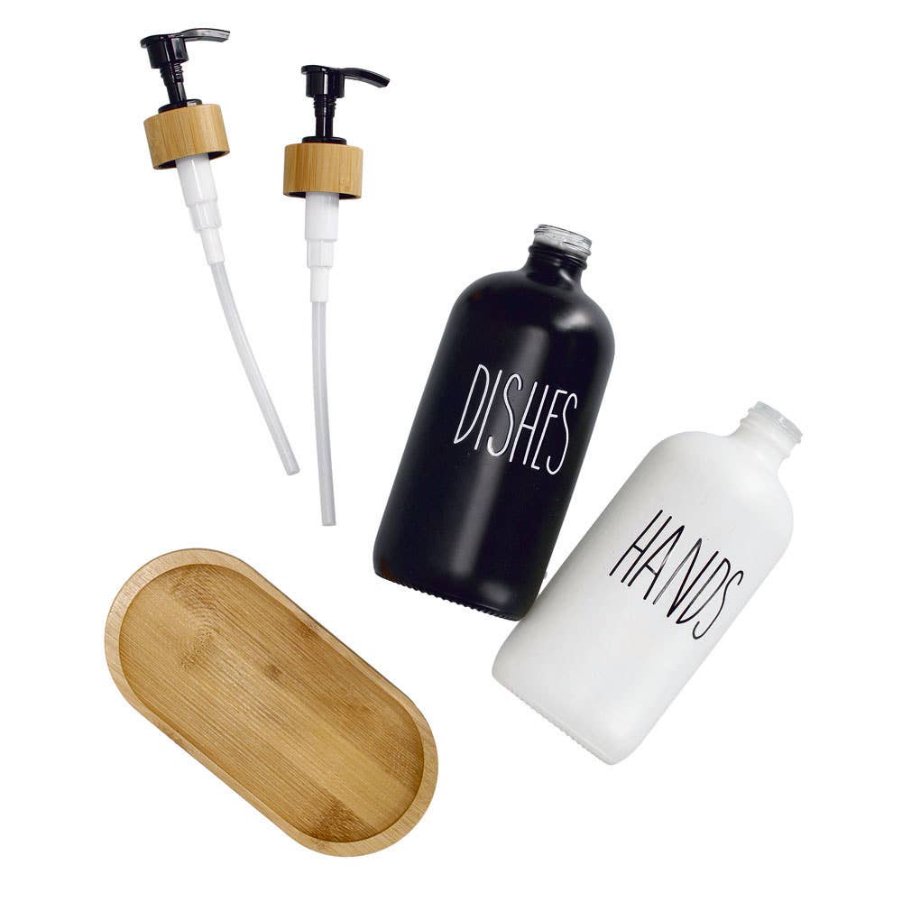 black white Soap dispenser set, 3-piece, glass/bamboo for wholesale on Faire4
