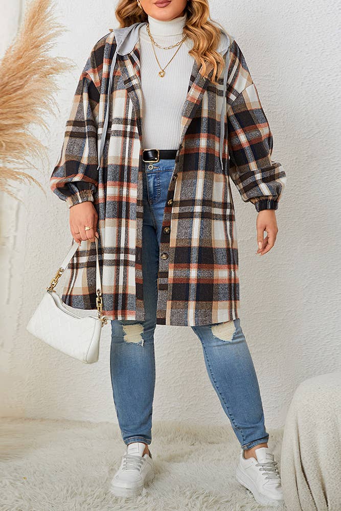 Marrone Cappotto plaid con cappuccio Plus Size CN004 in vendita all'ingrosso su Faire1