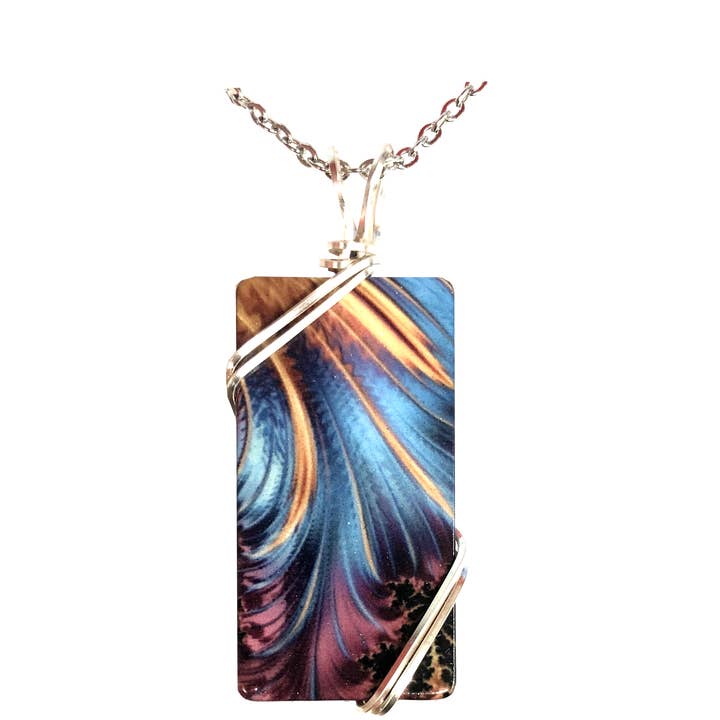 d'ears inc. - Wholesale Pendant/Charm Necklace - Blue & Gold Plume, Rectangle Necklase, Stainless Steel, 18" stainless steel chain, #4748X