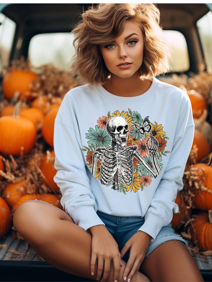 Felpa Halloween Skeleton, girocollo con teschio di Halloween per la vendita all'ingrosso da parte di Pink pretty designs