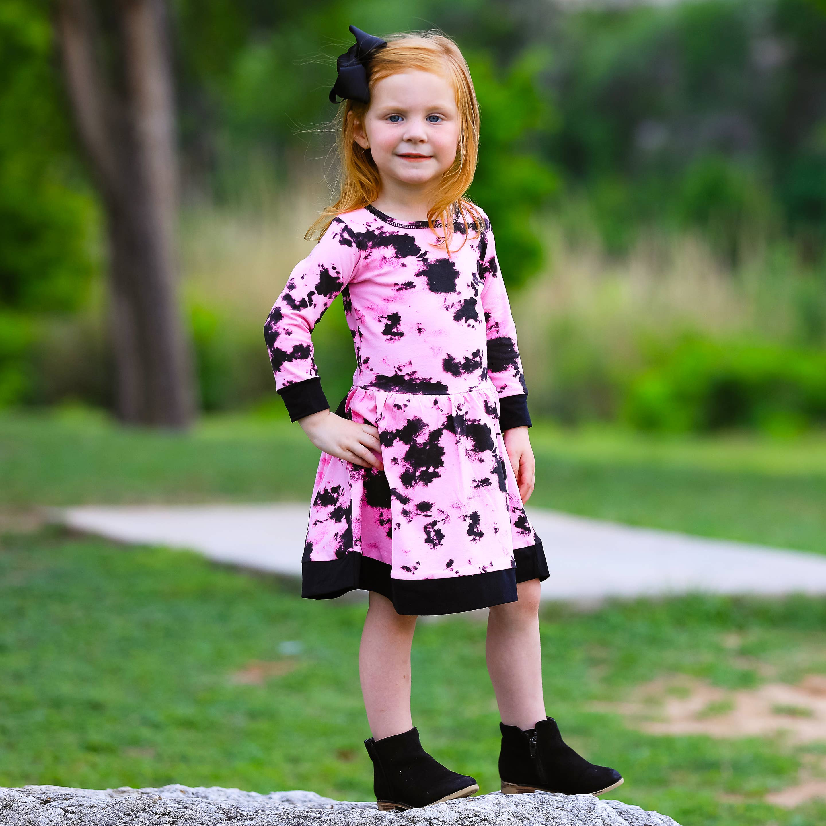 AnnLoren - Wholesale Dress - Kids - Pink & Black Groovy Girls Tie Dye Dress Cotton Kids Clothing3