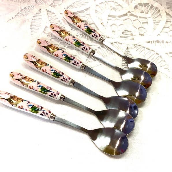 All Little Cute Things - Wholesale Table Spoon (Cutlery) - Spoon Birds and Flowers Ceramic Handle. Coffee Tea Spoon