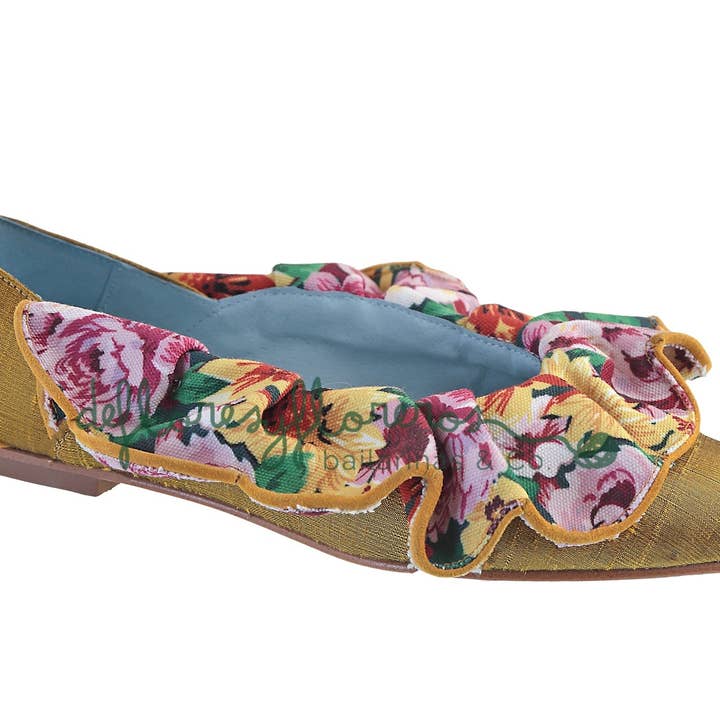 Ballerina med senapsgul bas och volang i blommigt tyg för wholesale av Deflores y Floreros SLU