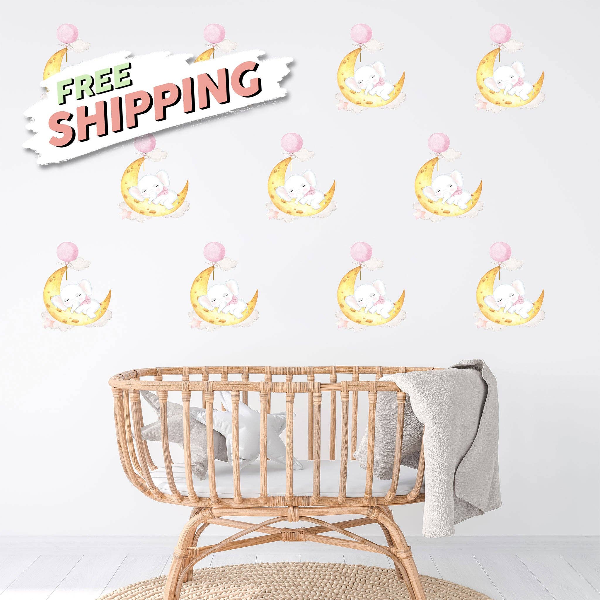 Hello Beautiful Designs - Vente Décoration murale – enfant et bébé - Adorable mini éléphant endormi sur la lune avec ballon rose flottant, autocollant mural réutilisable pour chambre d'enfant, décoration murale pour chambre d'enfant0