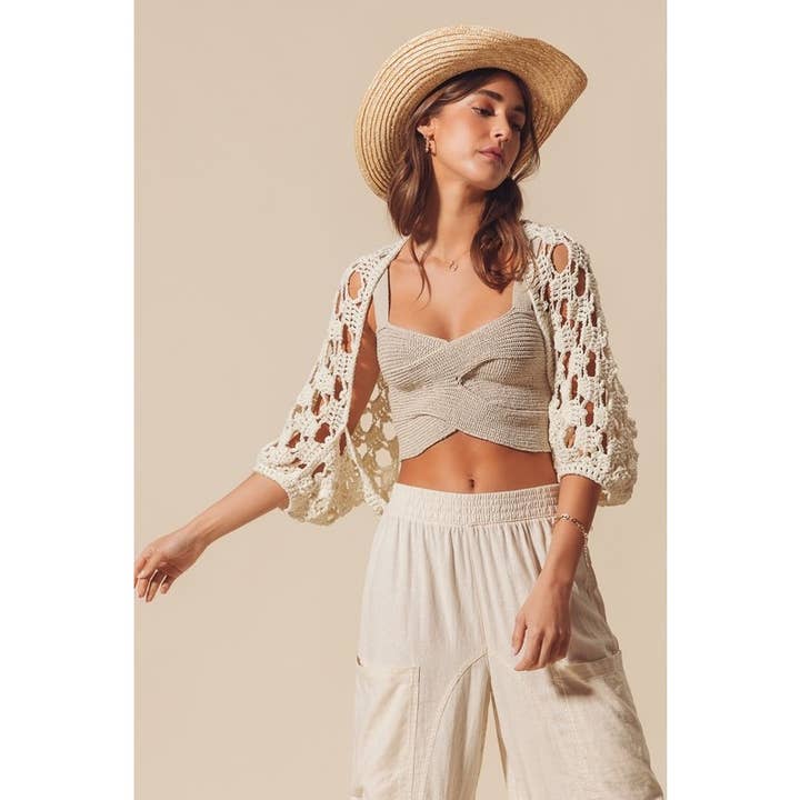 IVE - Wholesale Cardigan - Women's - OPEN NET CROCHET SUMMER CROP SHRUG CARDIGAN