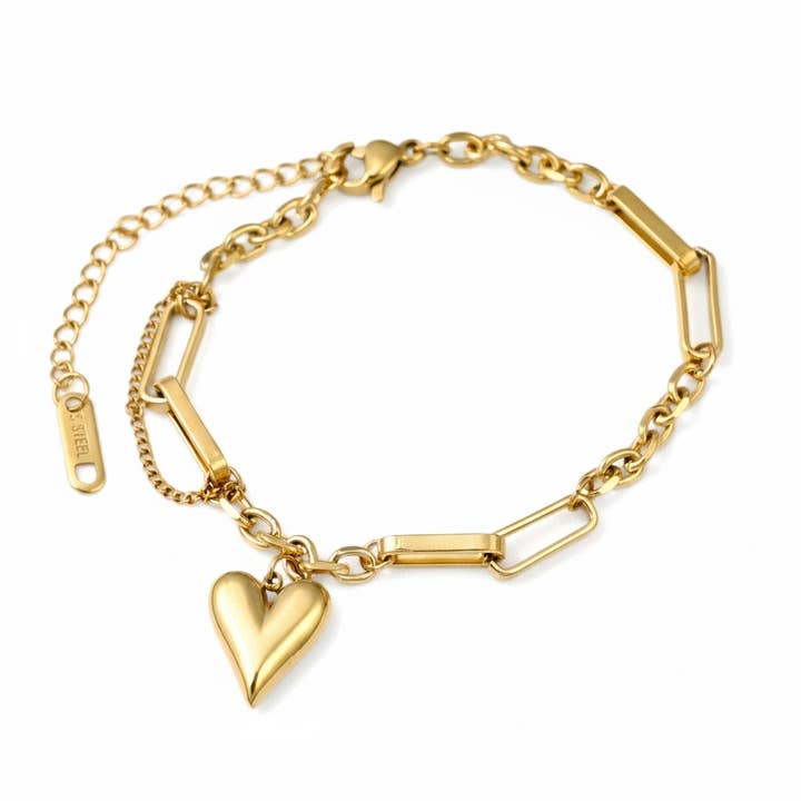 Puffy Heart Mixed Chain Bracelet - Mixed Link Heart Bracelet for wholesale by Blueyejewelry