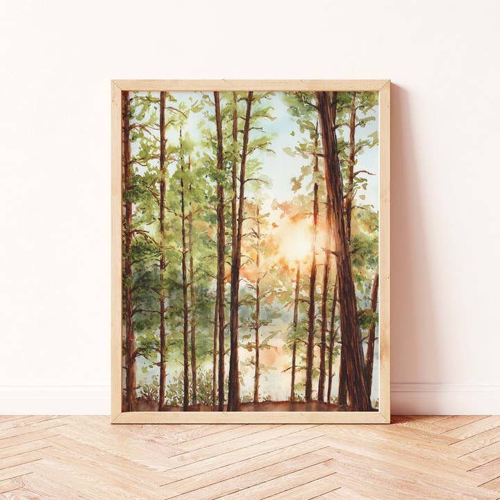 "Algonquin Sunset Through the Pines" Forest Watercolor Print for wholesale by Paperbec Design Co.