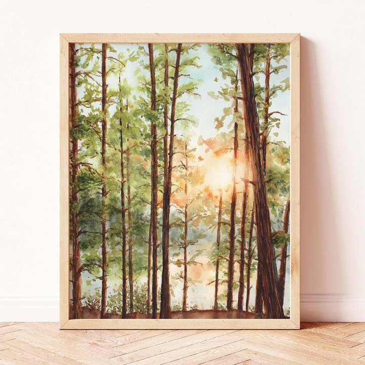 "Algonquin Sunset Through the Pines" Forest Watercolor Print for wholesale by Paperbec Design Co.