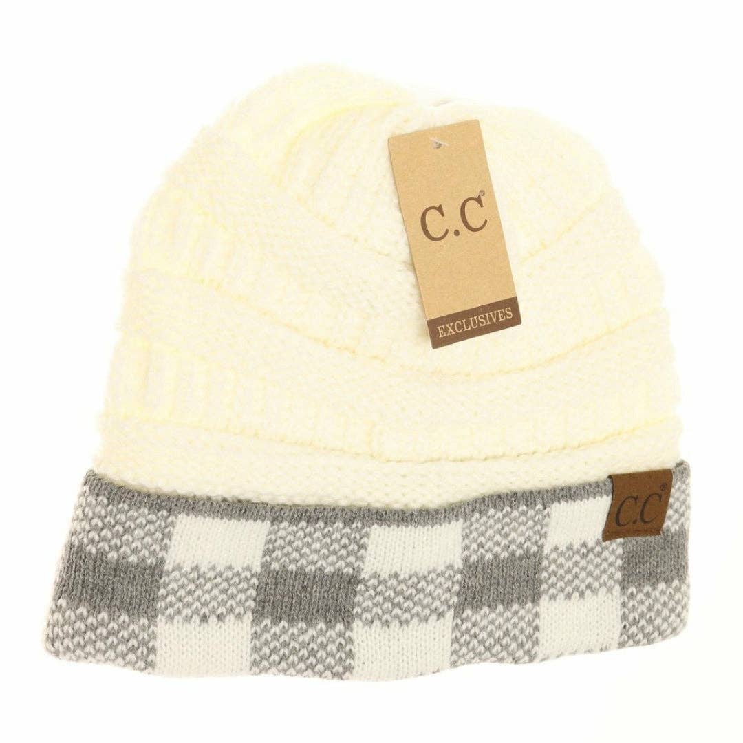 Blanc/gris clair Bonnet CC en tricot à carreaux Buffalo HAT82 en vente sur Faire2