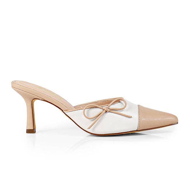 MINDY-1 TWO-TONE TOE CAP MULE PUMP W KITTEN HEEL NUDE/WHITE for wholesale by Liliana Shoes