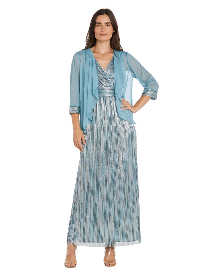 SLATE R&M Richards Metallic Pleated Gown with Sheer Drape Jacket for wholesale on Faire