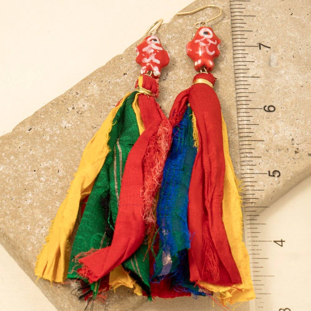 Anarchy Street - Wholesale Dangle Earrings - Ceramic Fish Multi Fabric Fringe Drop Earrings4