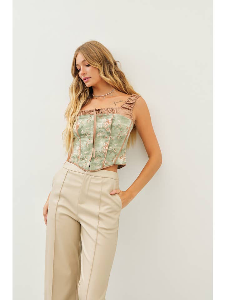 OLIVE ELEGANT FLORAL SATIN COLOR-BLOCK BUSTIER TOP for wholesale on Faire