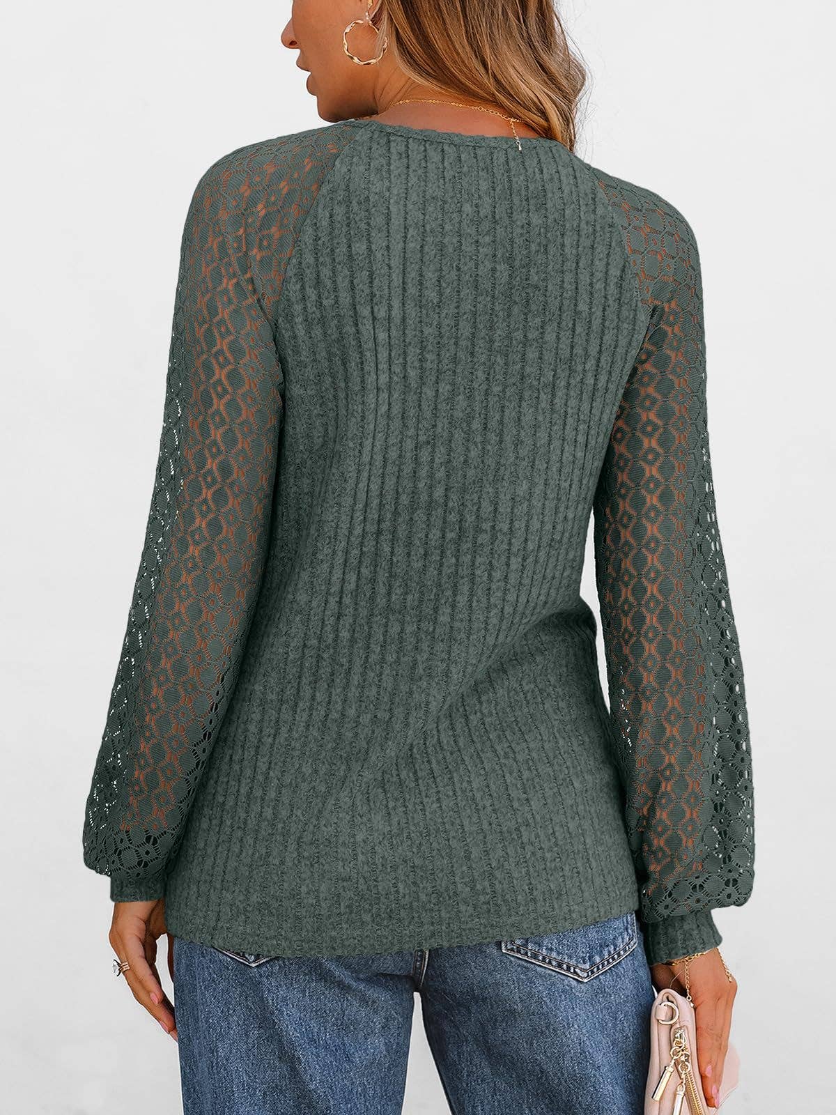 Suhkasana - Wholesale Knit Sweater - Women's - Ribbed Knit Pullover with Hollow Lace Sleeve Detail11