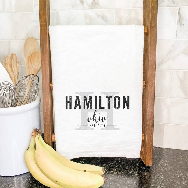 Indigo Tangerine - Wholesale Tea Towel - Custom City and State w/ Initial - Custom Tea Towel