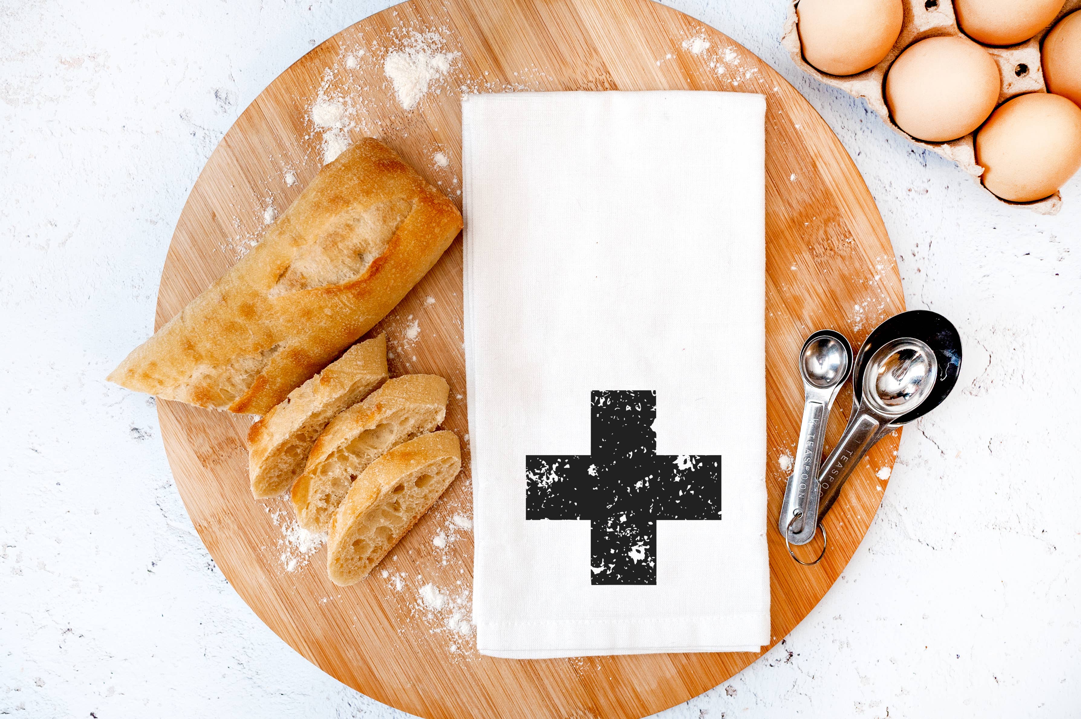 Perfect Day Print Co - Wholesale Tea Towel - Distressed Swiss Cross Tea Towel, Black & White Dish Cloth1