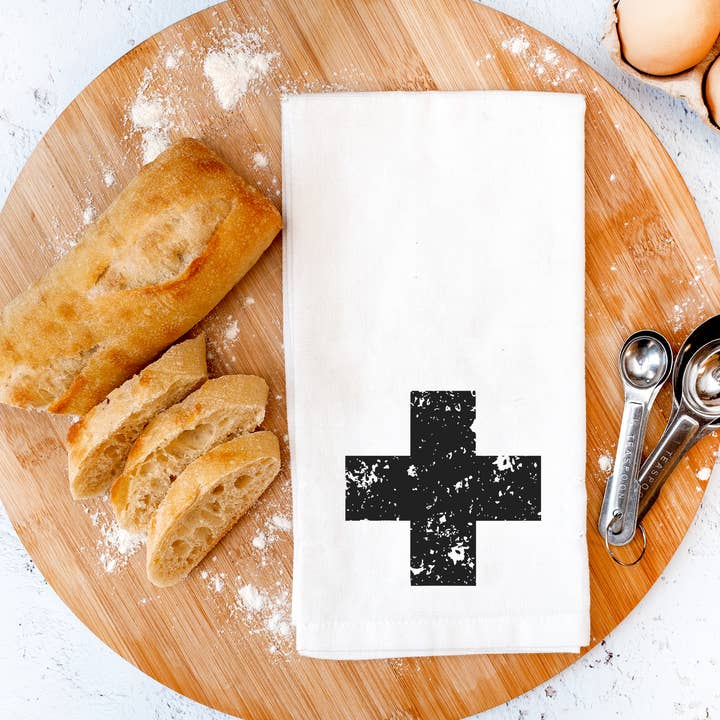 Perfect Day Print Co - Wholesale Tea Towel - Distressed Swiss Cross Tea Towel, Black & White Dish Cloth1